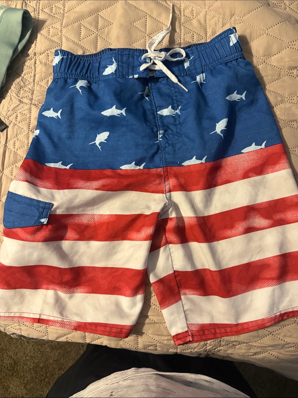 True Craft Blue and White Shark-Print Swim Trunks